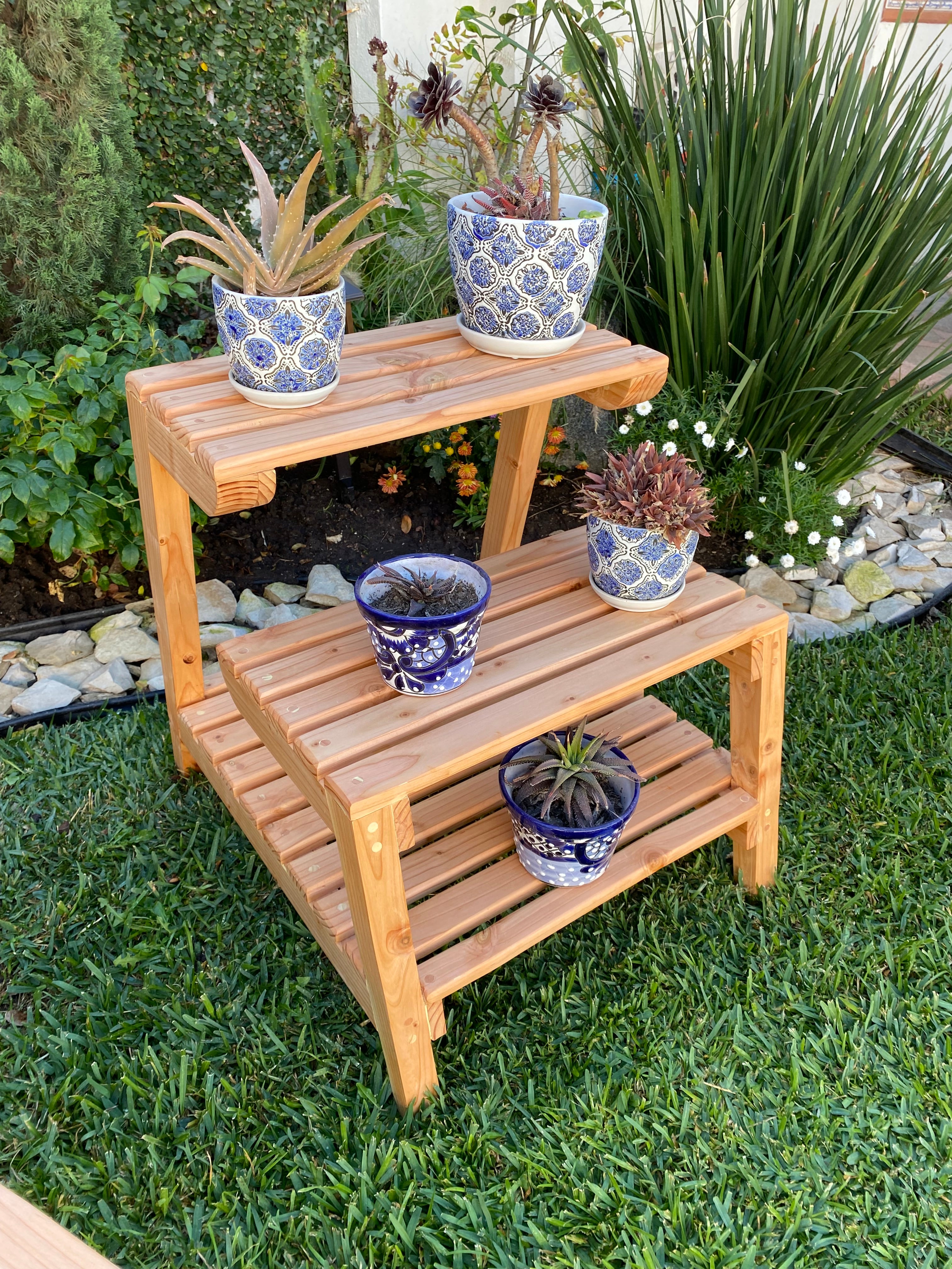 indoor plant stands wood Modern Patio Redwood Plant Stand