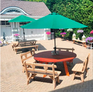 best patio table with umbrella hole Outdoor Redwood Round Picnic Table - 100% Redwood